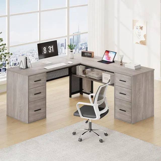 Main image of Large L Shaped Desk with Storage File CabinetCorner L-Shaped Computer Desk with Drawers Shelves, Home Office Bedroom Metal Wood Study Writing Table Executive Workstation, Light Grey Oak, 59 Inch