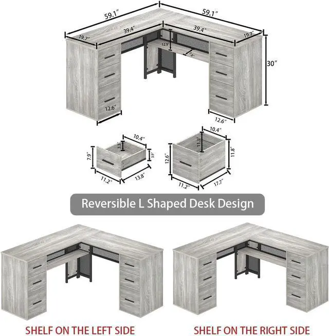Alt view image 2 of 7 - Large L Shaped Desk with Storage File CabinetCorner L-Shaped Computer Desk with Drawers Shelves, Home Office Bedroom Metal Wood Study Writing Table Executive Workstation, Light Grey Oak, 59 Inch