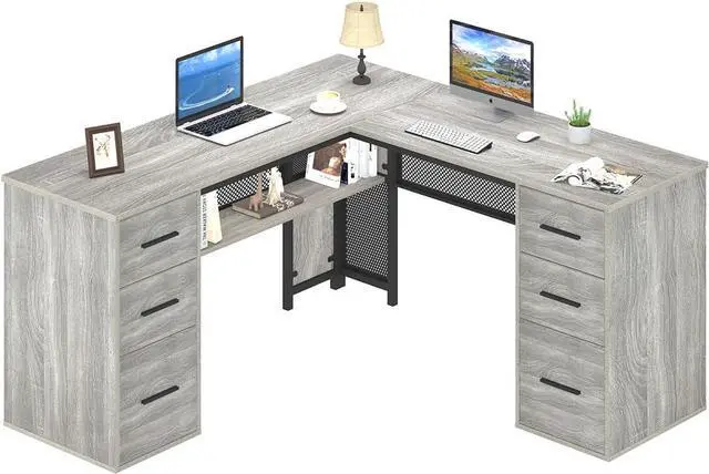 Alt view image 3 of 7 - Large L Shaped Desk with Storage File CabinetCorner L-Shaped Computer Desk with Drawers Shelves, Home Office Bedroom Metal Wood Study Writing Table Executive Workstation, Light Grey Oak, 59 Inch