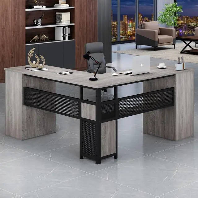 Alt view image 4 of 7 - Large L Shaped Desk with Storage File CabinetCorner L-Shaped Computer Desk with Drawers Shelves, Home Office Bedroom Metal Wood Study Writing Table Executive Workstation, Light Grey Oak, 59 Inch