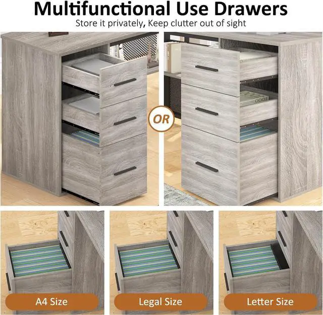 Alt view image 7 of 7 - Large L Shaped Desk with Storage File CabinetCorner L-Shaped Computer Desk with Drawers Shelves, Home Office Bedroom Metal Wood Study Writing Table Executive Workstation, Light Grey Oak, 59 Inch