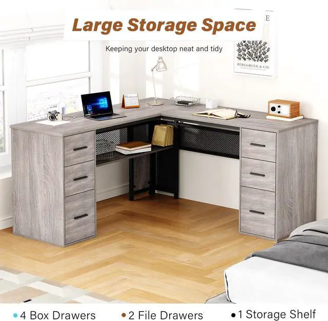 Alt view image 6 of 7 - Large L Shaped Desk with Storage File CabinetCorner L-Shaped Computer Desk with Drawers Shelves, Home Office Bedroom Metal Wood Study Writing Table Executive Workstation, Light Grey Oak, 59 Inch
