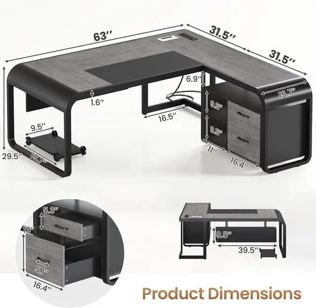 Alt view image 2 of 7 - 63 Inch Executive Desk, L Shaped Desk with Drawers, Large Office Desk with File Drawer, Computer Desk with Mobile CPU Stand, Storage Shelves, Power Outlets for Home Office, Gray