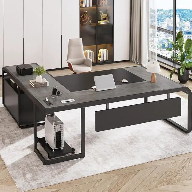 Alt view image 3 of 7 - 63 Inch Executive Desk, L Shaped Desk with Drawers, Large Office Desk with File Drawer, Computer Desk with Mobile CPU Stand, Storage Shelves, Power Outlets for Home Office, Gray