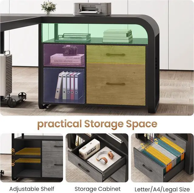 Alt view image 4 of 7 - 63 Inch Executive Desk, L Shaped Desk with Drawers, Large Office Desk with File Drawer, Computer Desk with Mobile CPU Stand, Storage Shelves, Power Outlets for Home Office, Gray