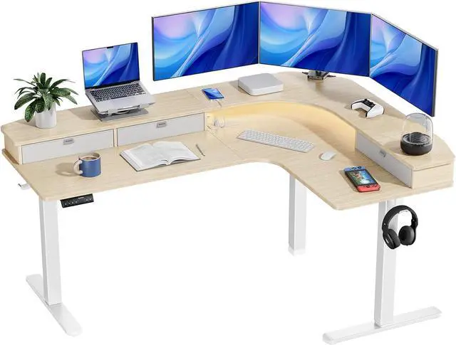 Main image of 65 L-Shaped Standing Desk with Power Outlets & LED Strip, Electric Height Adjustable Corner Computer Desk, Sit Stand Up Desk with 3 Drawers, Natural Wood