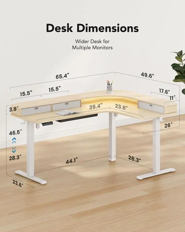 Alt view image 2 of 7 - 65 L-Shaped Standing Desk with Power Outlets & LED Strip, Electric Height Adjustable Corner Computer Desk, Sit Stand Up Desk with 3 Drawers, Natural Wood