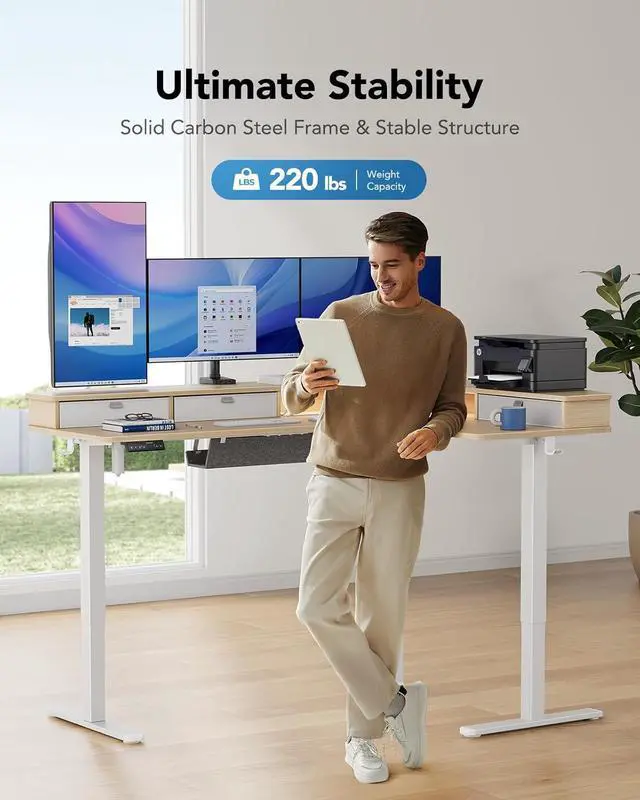 Alt view image 3 of 7 - 65 L-Shaped Standing Desk with Power Outlets & LED Strip, Electric Height Adjustable Corner Computer Desk, Sit Stand Up Desk with 3 Drawers, Natural Wood