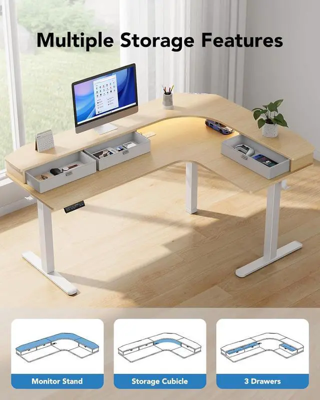 Alt view image 4 of 7 - 65 L-Shaped Standing Desk with Power Outlets & LED Strip, Electric Height Adjustable Corner Computer Desk, Sit Stand Up Desk with 3 Drawers, Natural Wood