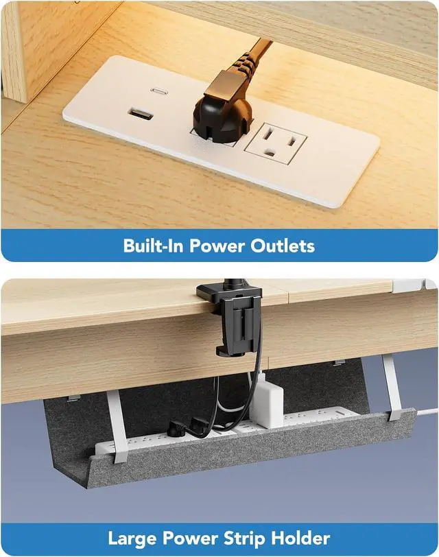 Alt view image 5 of 7 - 65 L-Shaped Standing Desk with Power Outlets & LED Strip, Electric Height Adjustable Corner Computer Desk, Sit Stand Up Desk with 3 Drawers, Natural Wood