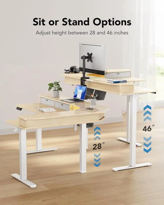 Alt view image 7 of 7 - 65 L-Shaped Standing Desk with Power Outlets & LED Strip, Electric Height Adjustable Corner Computer Desk, Sit Stand Up Desk with 3 Drawers, Natural Wood