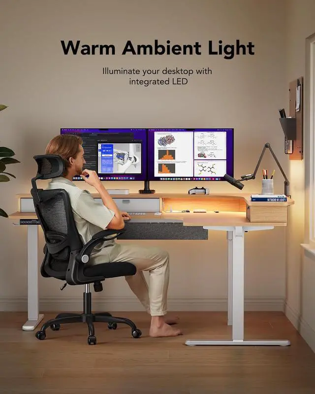 Alt view image 6 of 7 - 65 L-Shaped Standing Desk with Power Outlets & LED Strip, Electric Height Adjustable Corner Computer Desk, Sit Stand Up Desk with 3 Drawers, Natural Wood