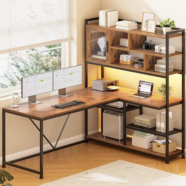 Main image of L Shaped Computer Desk, 58'' Office Desk with LED Light and Bookshelf, L Shaped Corner Desk with Storage Shelves for Home Office, Gaming Desk, L Desk, Rustic Brown