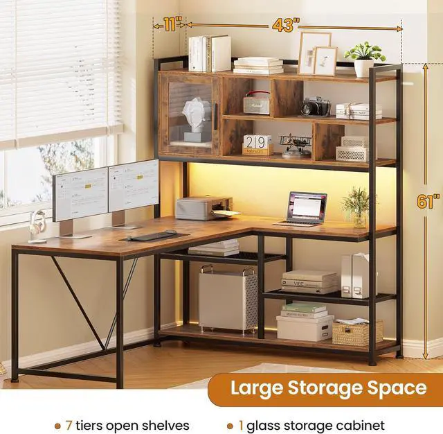 Alt view image 2 of 7 - L Shaped Computer Desk, 58'' Office Desk with LED Light and Bookshelf, L Shaped Corner Desk with Storage Shelves for Home Office, Gaming Desk, L Desk, Rustic Brown