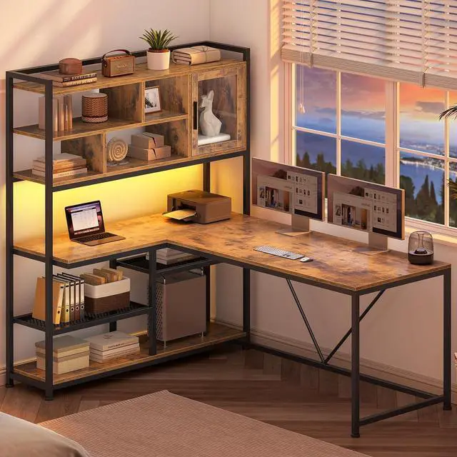 Alt view image 3 of 7 - L Shaped Computer Desk, 58'' Office Desk with LED Light and Bookshelf, L Shaped Corner Desk with Storage Shelves for Home Office, Gaming Desk, L Desk, Rustic Brown