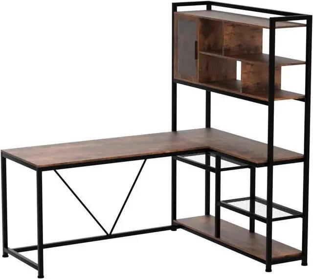 Alt view image 4 of 7 - L Shaped Computer Desk, 58'' Office Desk with LED Light and Bookshelf, L Shaped Corner Desk with Storage Shelves for Home Office, Gaming Desk, L Desk, Rustic Brown