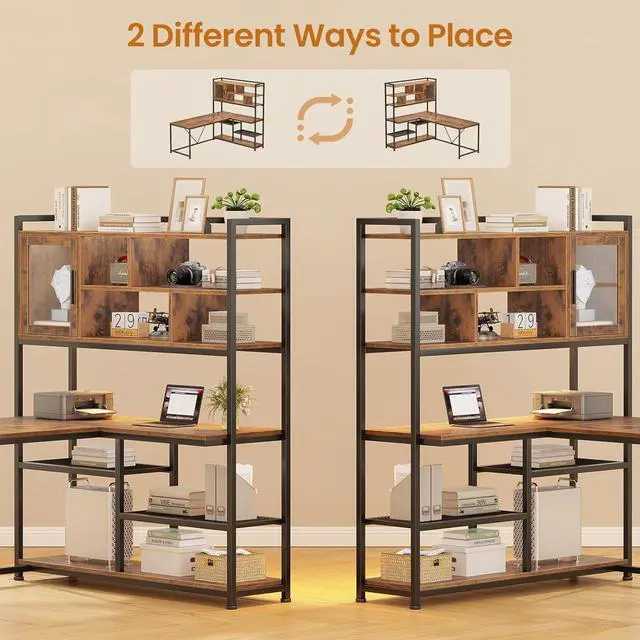 Alt view image 5 of 7 - L Shaped Computer Desk, 58'' Office Desk with LED Light and Bookshelf, L Shaped Corner Desk with Storage Shelves for Home Office, Gaming Desk, L Desk, Rustic Brown