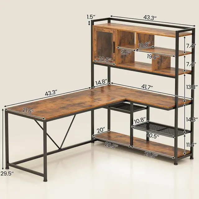 Alt view image 7 of 7 - L Shaped Computer Desk, 58'' Office Desk with LED Light and Bookshelf, L Shaped Corner Desk with Storage Shelves for Home Office, Gaming Desk, L Desk, Rustic Brown