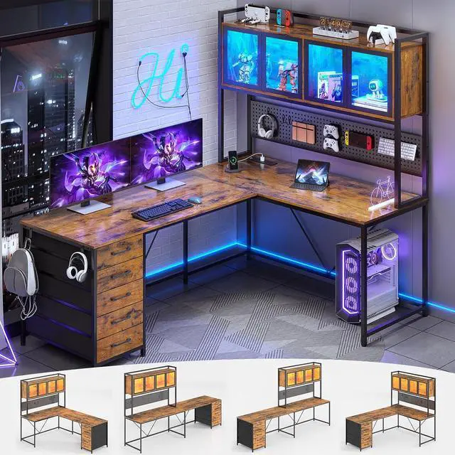 Main image of L Shaped Gaming Desk with Drawers, L Shaped Computer Desk with Hutch and Storage Shelves, Gaming Desk with Pegboard, Led Lights, and Power Outlet, Home Office Desk, Corner Desk, Rustic Brown