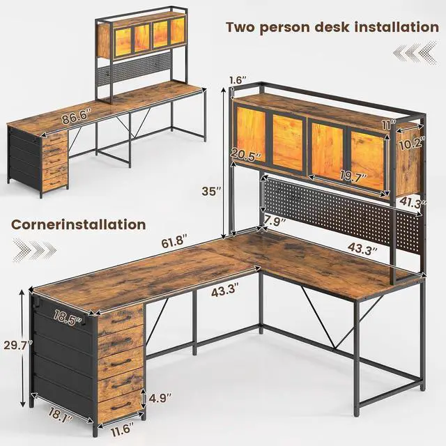 Alt view image 3 of 7 - L Shaped Gaming Desk with Drawers, L Shaped Computer Desk with Hutch and Storage Shelves, Gaming Desk with Pegboard, Led Lights, and Power Outlet, Home Office Desk, Corner Desk, Rustic Brown