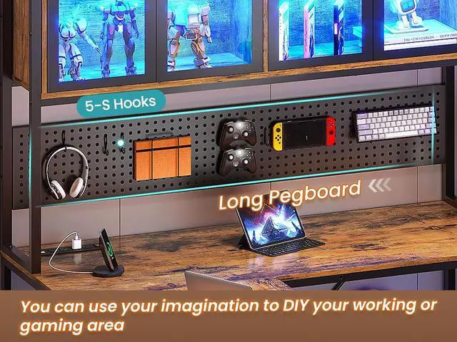 Alt view image 4 of 7 - L Shaped Gaming Desk with Drawers, L Shaped Computer Desk with Hutch and Storage Shelves, Gaming Desk with Pegboard, Led Lights, and Power Outlet, Home Office Desk, Corner Desk, Rustic Brown