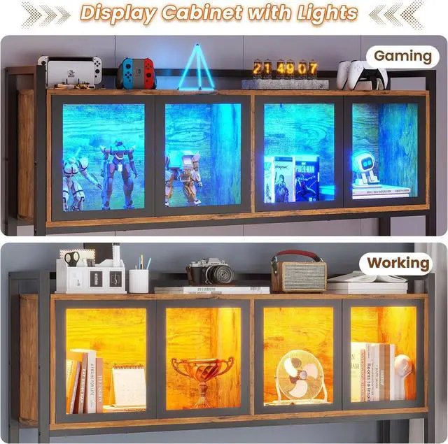 Alt view image 5 of 7 - L Shaped Gaming Desk with Drawers, L Shaped Computer Desk with Hutch and Storage Shelves, Gaming Desk with Pegboard, Led Lights, and Power Outlet, Home Office Desk, Corner Desk, Rustic Brown