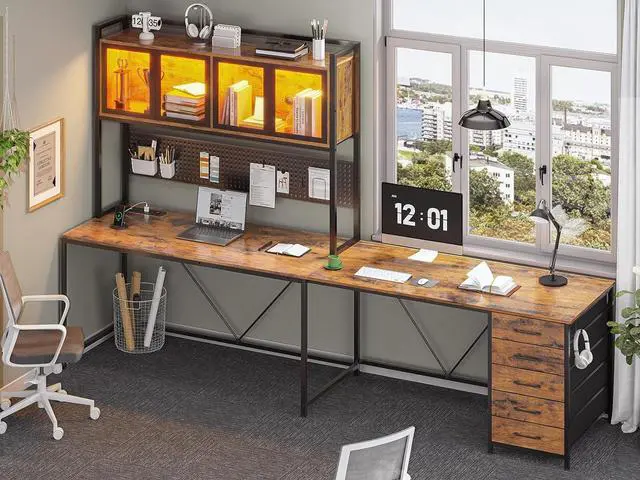 Alt view image 6 of 7 - L Shaped Gaming Desk with Drawers, L Shaped Computer Desk with Hutch and Storage Shelves, Gaming Desk with Pegboard, Led Lights, and Power Outlet, Home Office Desk, Corner Desk, Rustic Brown