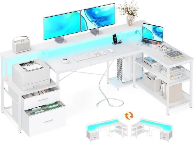 Main image of L Shaped Desk with File Drawer, 75" Reversible L Shaped Computer Desk with Power Outlet & LED Strip, Home Office Desk with Storage Shelves, Gaming Desk with Monitor Shelf, Corner Desk, White