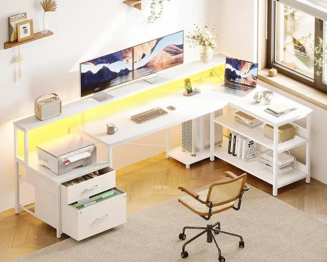 Alt view image 2 of 7 - L Shaped Desk with File Drawer, 75" Reversible L Shaped Computer Desk with Power Outlet & LED Strip, Home Office Desk with Storage Shelves, Gaming Desk with Monitor Shelf, Corner Desk, White