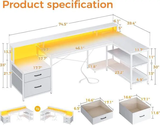 Alt view image 3 of 7 - L Shaped Desk with File Drawer, 75" Reversible L Shaped Computer Desk with Power Outlet & LED Strip, Home Office Desk with Storage Shelves, Gaming Desk with Monitor Shelf, Corner Desk, White