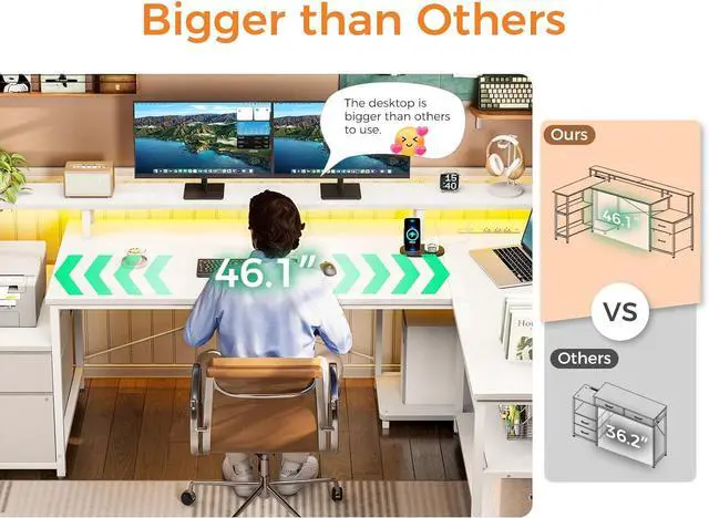 Alt view image 6 of 7 - L Shaped Desk with File Drawer, 75" Reversible L Shaped Computer Desk with Power Outlet & LED Strip, Home Office Desk with Storage Shelves, Gaming Desk with Monitor Shelf, Corner Desk, White