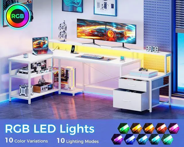 Alt view image 5 of 7 - L Shaped Desk with File Drawer, 75" Reversible L Shaped Computer Desk with Power Outlet & LED Strip, Home Office Desk with Storage Shelves, Gaming Desk with Monitor Shelf, Corner Desk, White