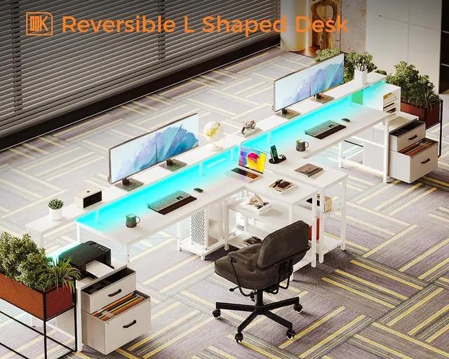 Alt view image 7 of 7 - L Shaped Desk with File Drawer, 75" Reversible L Shaped Computer Desk with Power Outlet & LED Strip, Home Office Desk with Storage Shelves, Gaming Desk with Monitor Shelf, Corner Desk, White
