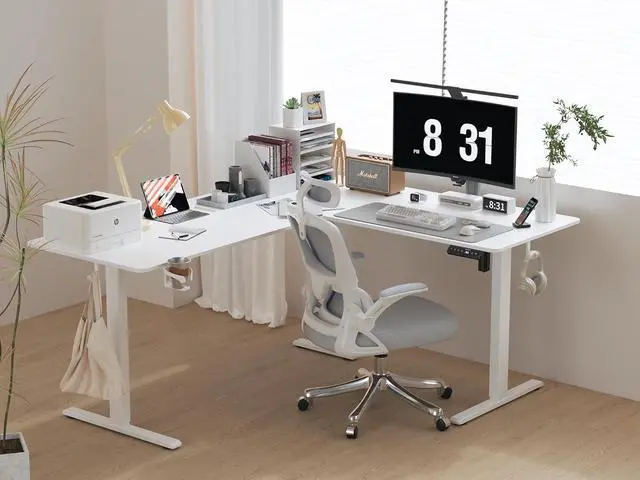 Alt view image 2 of 7 - 75x61 Inches Reversible L Shaped Standing Desk Height Adjustable with Cup Holder, Electric Corner Computer Workstation for Home Office, Ergonomic Sit Stand up Gaming Desk, White