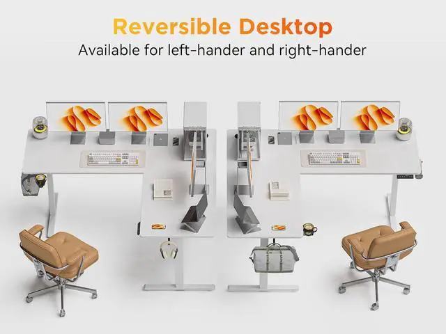 Alt view image 4 of 7 - 75x61 Inches Reversible L Shaped Standing Desk Height Adjustable with Cup Holder, Electric Corner Computer Workstation for Home Office, Ergonomic Sit Stand up Gaming Desk, White