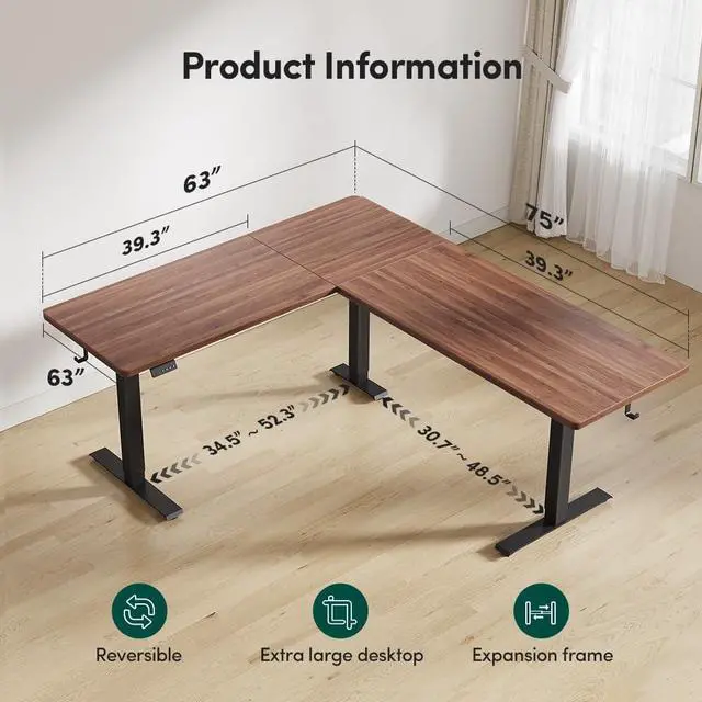 Alt view image 2 of 7 - 75 * 63" L Shaped Standing Desk, Electric Height Adjustable L Shaped Desk, Suitable for Home Office, Black Walnat