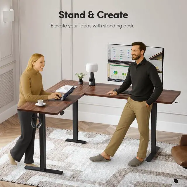 Alt view image 4 of 7 - 75 * 63" L Shaped Standing Desk, Electric Height Adjustable L Shaped Desk, Suitable for Home Office, Black Walnat