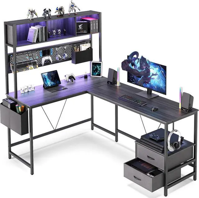 Main image of L Shaped Desk with Pegboard and Drawers, Reversible 67 Gaming Desk with RGB Light and Power Outlet, Computer Corner Desk with Storage and Hutch for Game Office Home, Grey