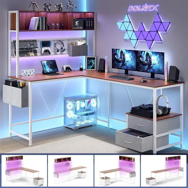 Alt view image 2 of 7 - L Shaped Desk with Pegboard and Drawers, Reversible 67 Gaming Desk with RGB Light and Power Outlet, Computer Corner Desk with Storage and Hutch for Game Office Home, Grey