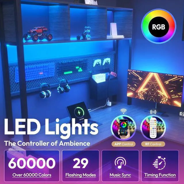 Alt view image 5 of 7 - L Shaped Desk with Pegboard and Drawers, Reversible 67 Gaming Desk with RGB Light and Power Outlet, Computer Corner Desk with Storage and Hutch for Game Office Home, Grey