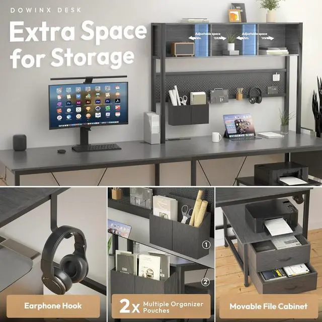 Alt view image 6 of 7 - L Shaped Desk with Pegboard and Drawers, Reversible 67 Gaming Desk with RGB Light and Power Outlet, Computer Corner Desk with Storage and Hutch for Game Office Home, Grey