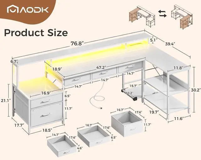 Alt view image 3 of 7 - L Shaped Desk with 5 File Drawers, 75" Reversible L Shaped Computer Desk with Power Outlet & LED Strip, Office Desk with Storage Shelves, Gaming Table with Monitor Shelf, Corner Table, White