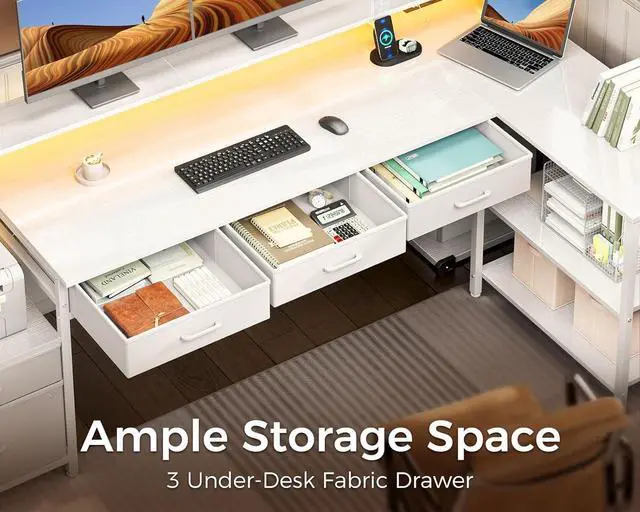 Alt view image 4 of 7 - L Shaped Desk with 5 File Drawers, 75" Reversible L Shaped Computer Desk with Power Outlet & LED Strip, Office Desk with Storage Shelves, Gaming Table with Monitor Shelf, Corner Table, White