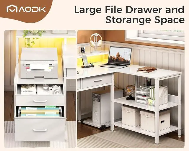 Alt view image 6 of 7 - L Shaped Desk with 5 File Drawers, 75" Reversible L Shaped Computer Desk with Power Outlet & LED Strip, Office Desk with Storage Shelves, Gaming Table with Monitor Shelf, Corner Table, White