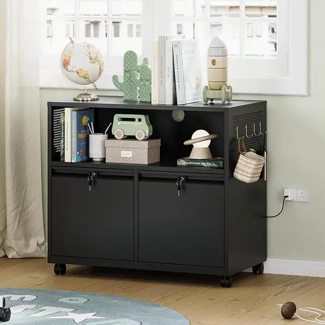 Alt view image 2 of 7 - Mobile 2 Drawer File Cabinet with Lock, Metal Lateral Printer Stand Filing Storage Cabinets with Shelves for Home Office-A4/F4/Letter (Black)