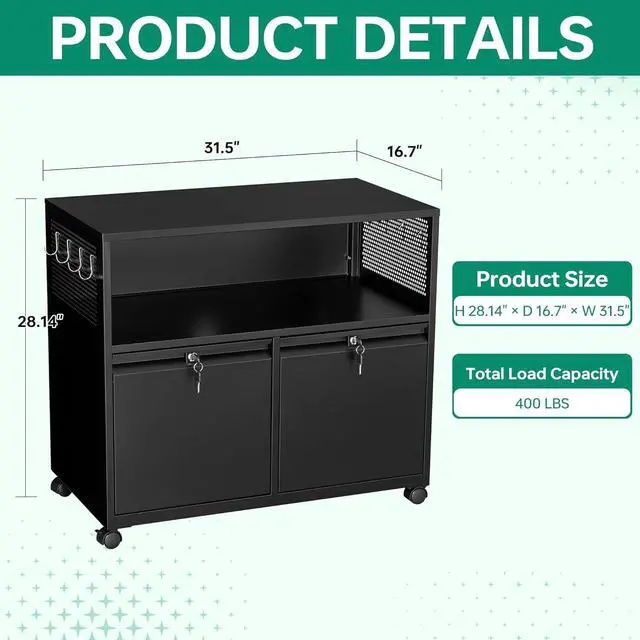 Alt view image 3 of 7 - Mobile 2 Drawer File Cabinet with Lock, Metal Lateral Printer Stand Filing Storage Cabinets with Shelves for Home Office-A4/F4/Letter (Black)