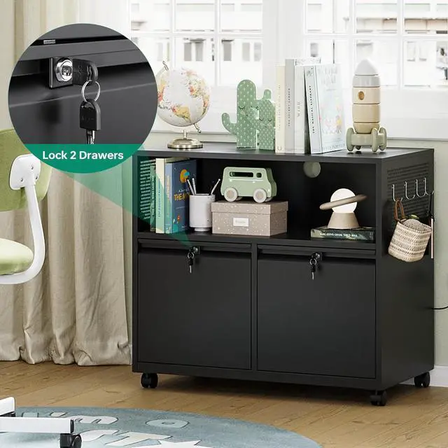 Alt view image 4 of 7 - Mobile 2 Drawer File Cabinet with Lock, Metal Lateral Printer Stand Filing Storage Cabinets with Shelves for Home Office-A4/F4/Letter (Black)