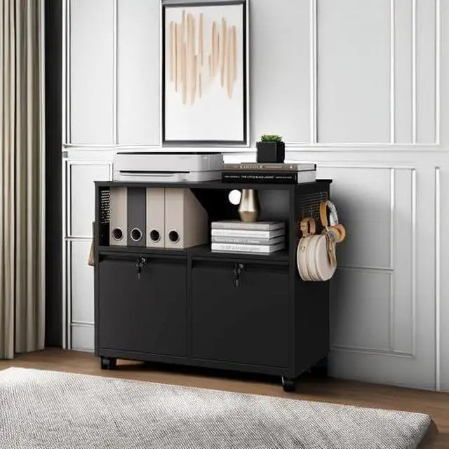 Alt view image 6 of 7 - Mobile 2 Drawer File Cabinet with Lock, Metal Lateral Printer Stand Filing Storage Cabinets with Shelves for Home Office-A4/F4/Letter (Black)