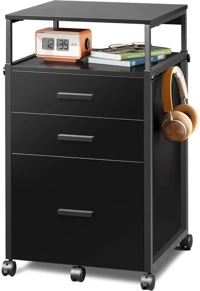 Main image of File Cabinet with Storage Drawers, Rolling Printer Stand with Adjustable Shelves, Wood Filing Cabinet for Home Office, Black