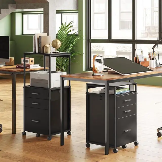 Alt view image 2 of 6 - File Cabinet with Storage Drawers, Rolling Printer Stand with Adjustable Shelves, Wood Filing Cabinet for Home Office, Black